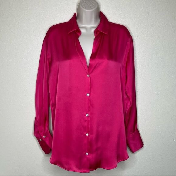Zara Hot Pink Satin V Neck Long Sleeve Button Front French Cuff Shirt Women XS - Picture 15 of 15